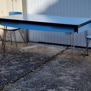 Large blue formica table, SIF brand, vintage, eiffel legs, and its 6 chairs, 50s