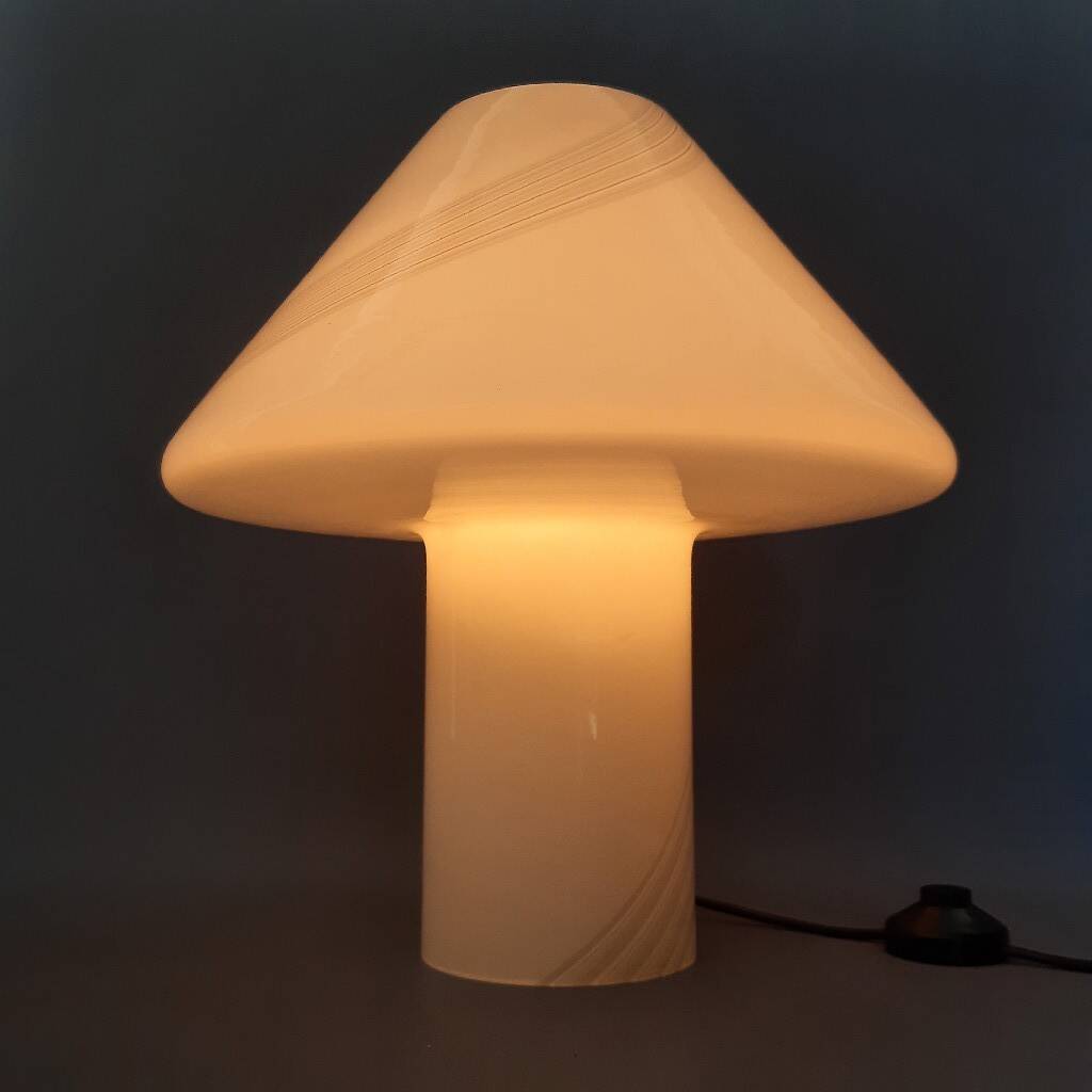 Opal Murano glass mushroom lamp with spiral stripes, 1970s modernist design.