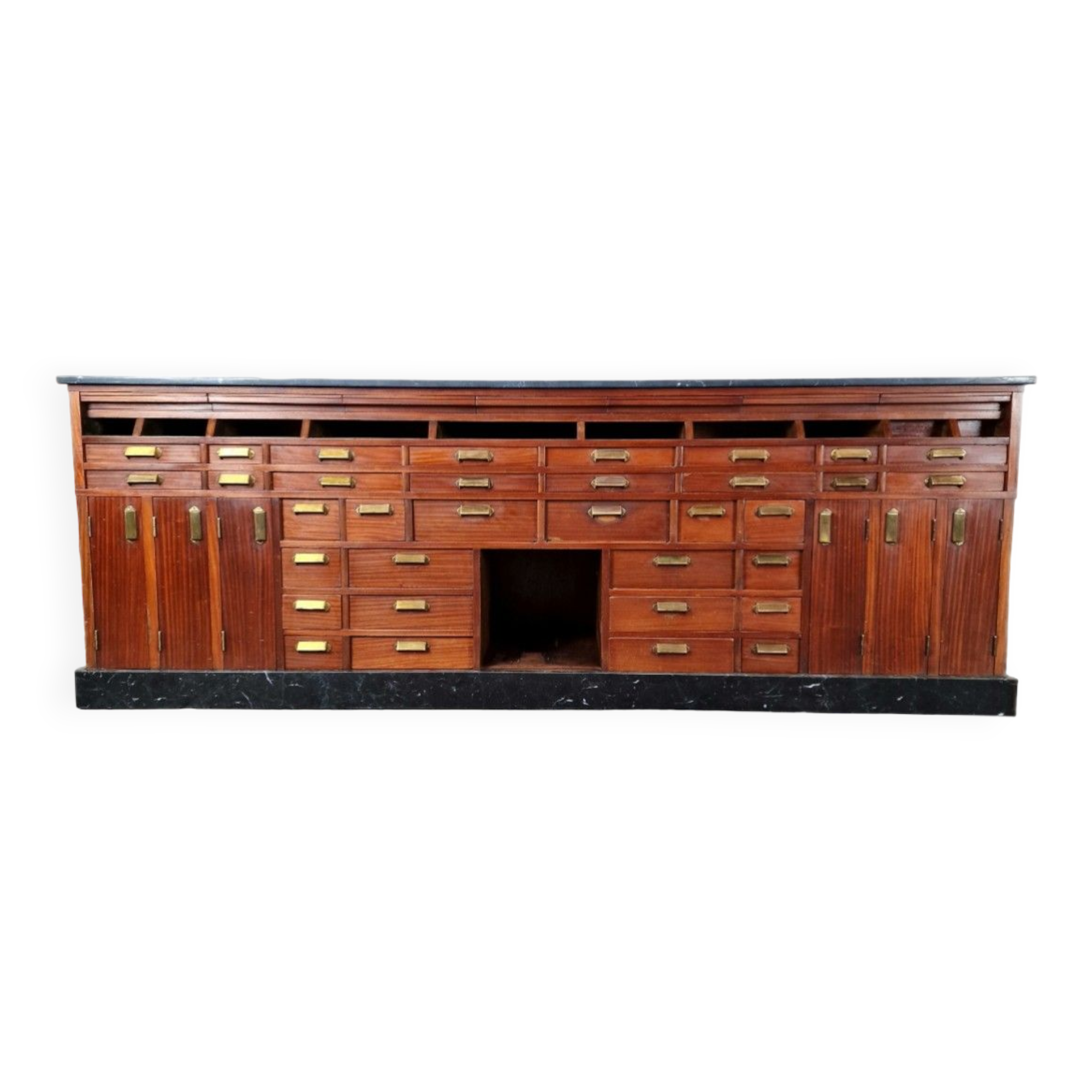 Grand comptoir de pharmacie Art Déco en acajou et marbre, 1909