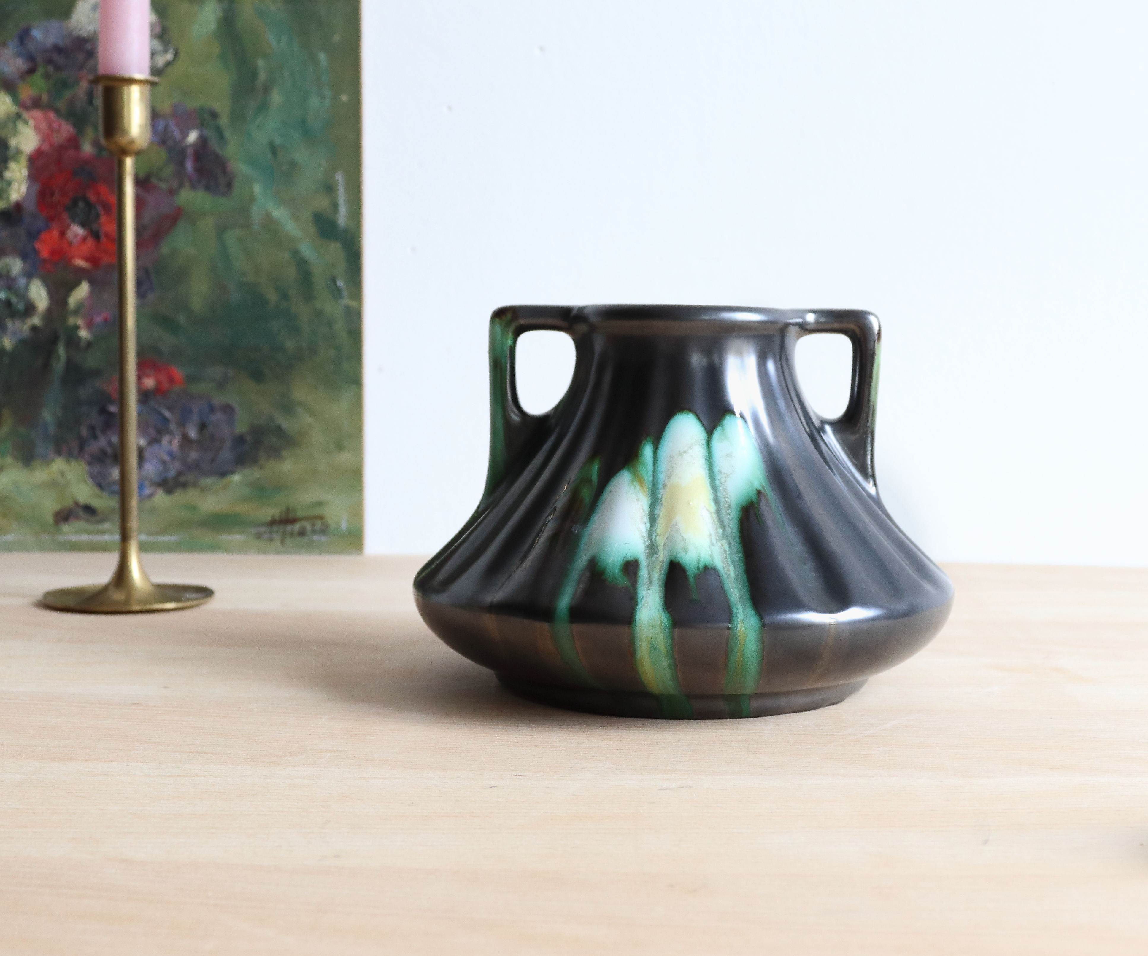 Thulin Airain flamed stoneware vase with handles, Belgium, Art Deco period