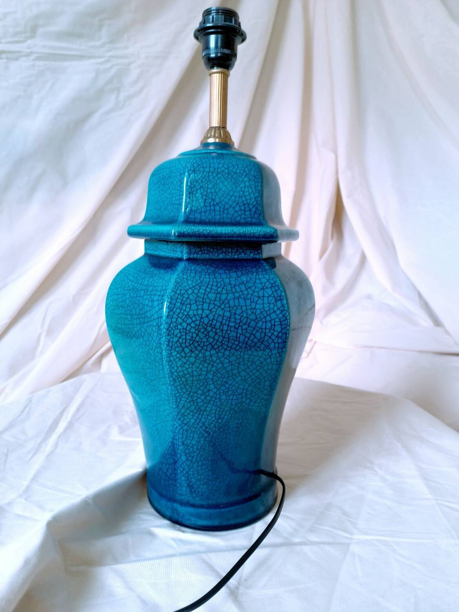 2 blue crackle ceramic desk lamp bases, 1950s