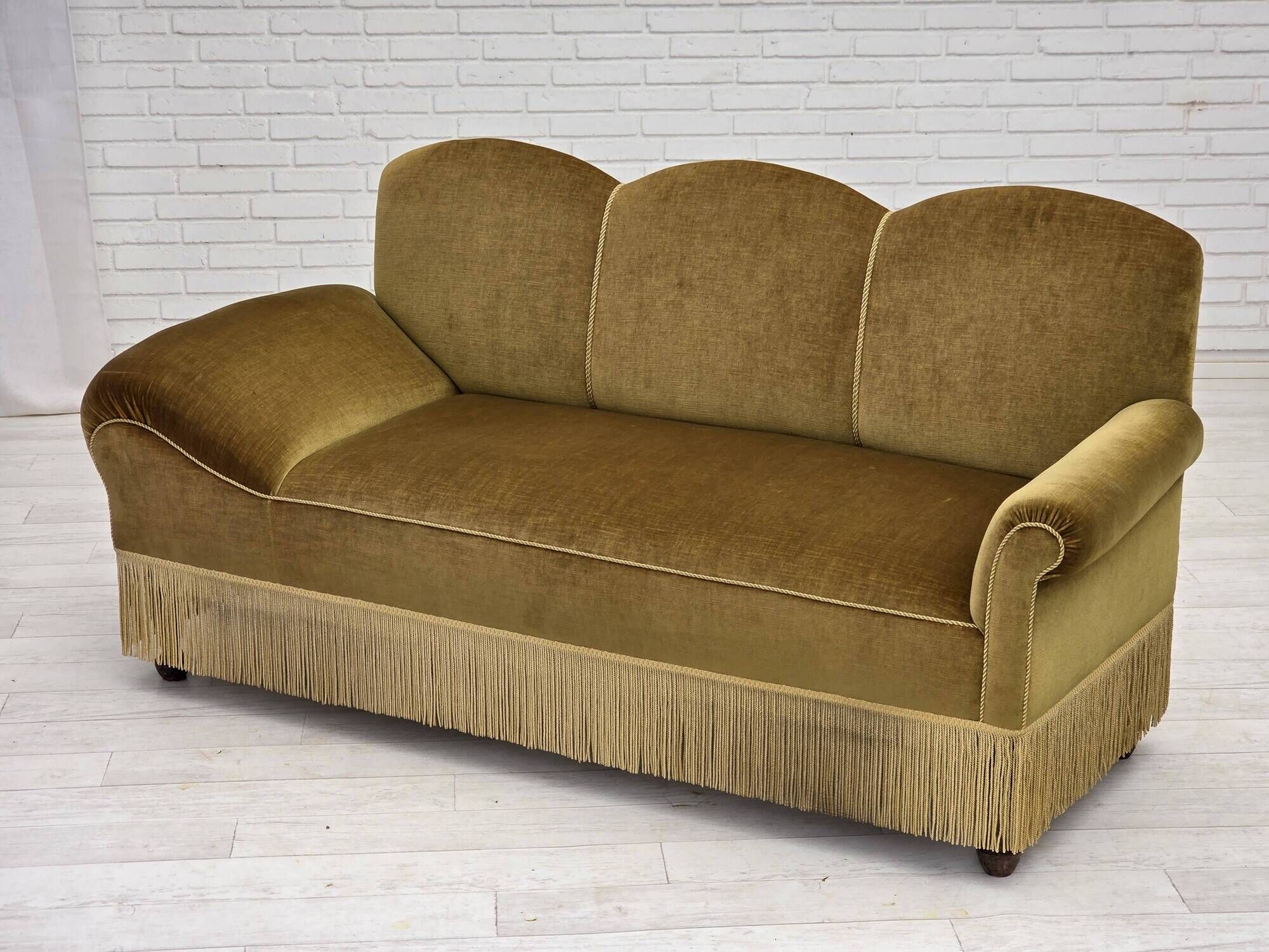 1950s, 2 seater sofa/daybed, light green furniture velour, ash wood legs.