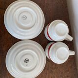 2 coffee cups and bistro saucers, Sarreguemines, vintage Red Band