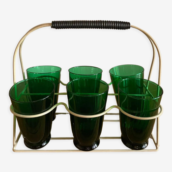 Set of 6 green glasses and vintage storage basket