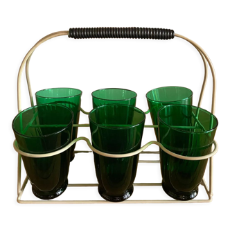 Set of 6 green glasses and vintage storage basket