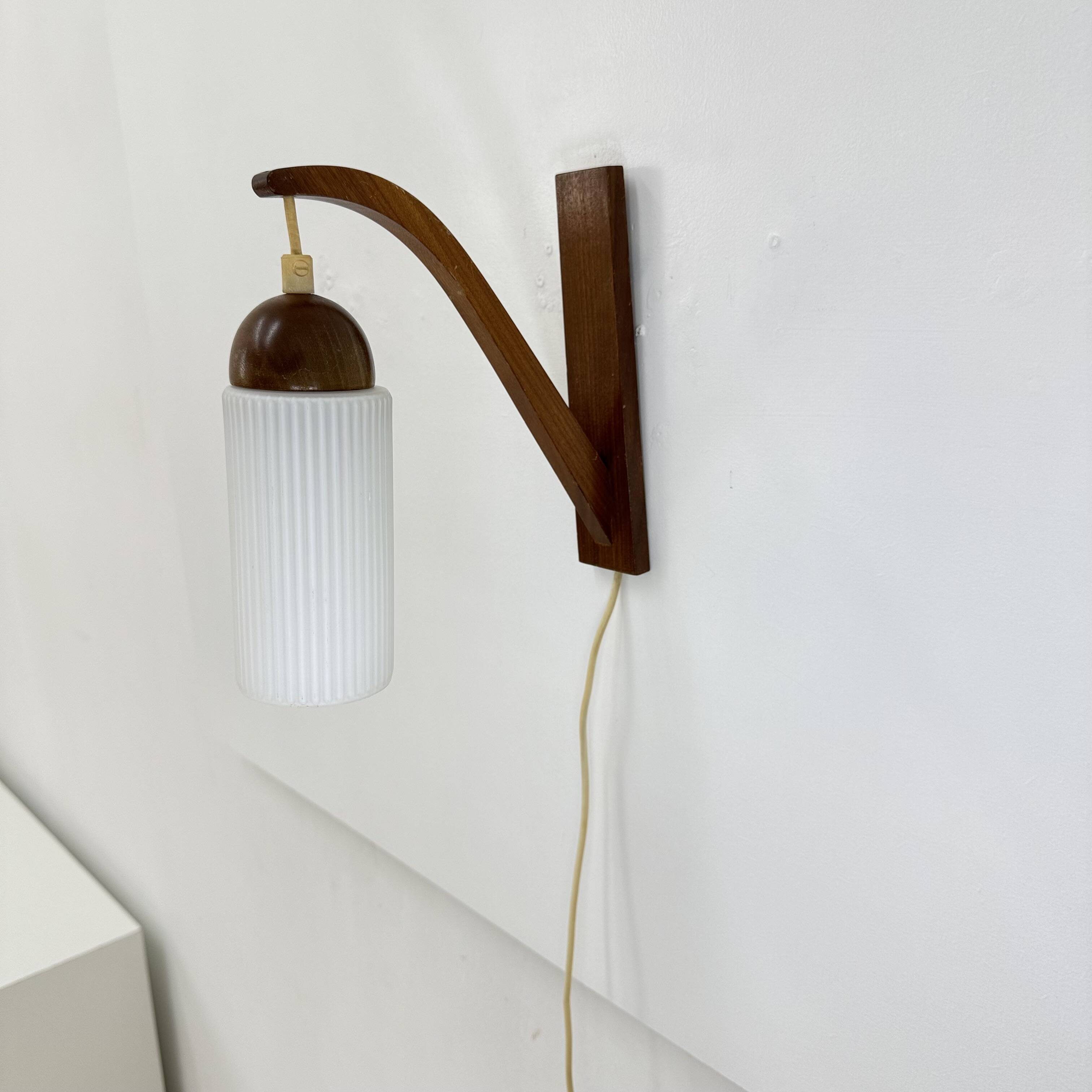 Vintage Scandinavian wall lamp with teak and opaline glass shade , 1960s
