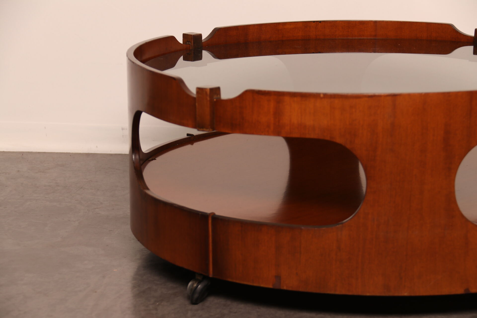 Round coffee table  Frame in plywood- top in smoked glass  Italy - 1960's