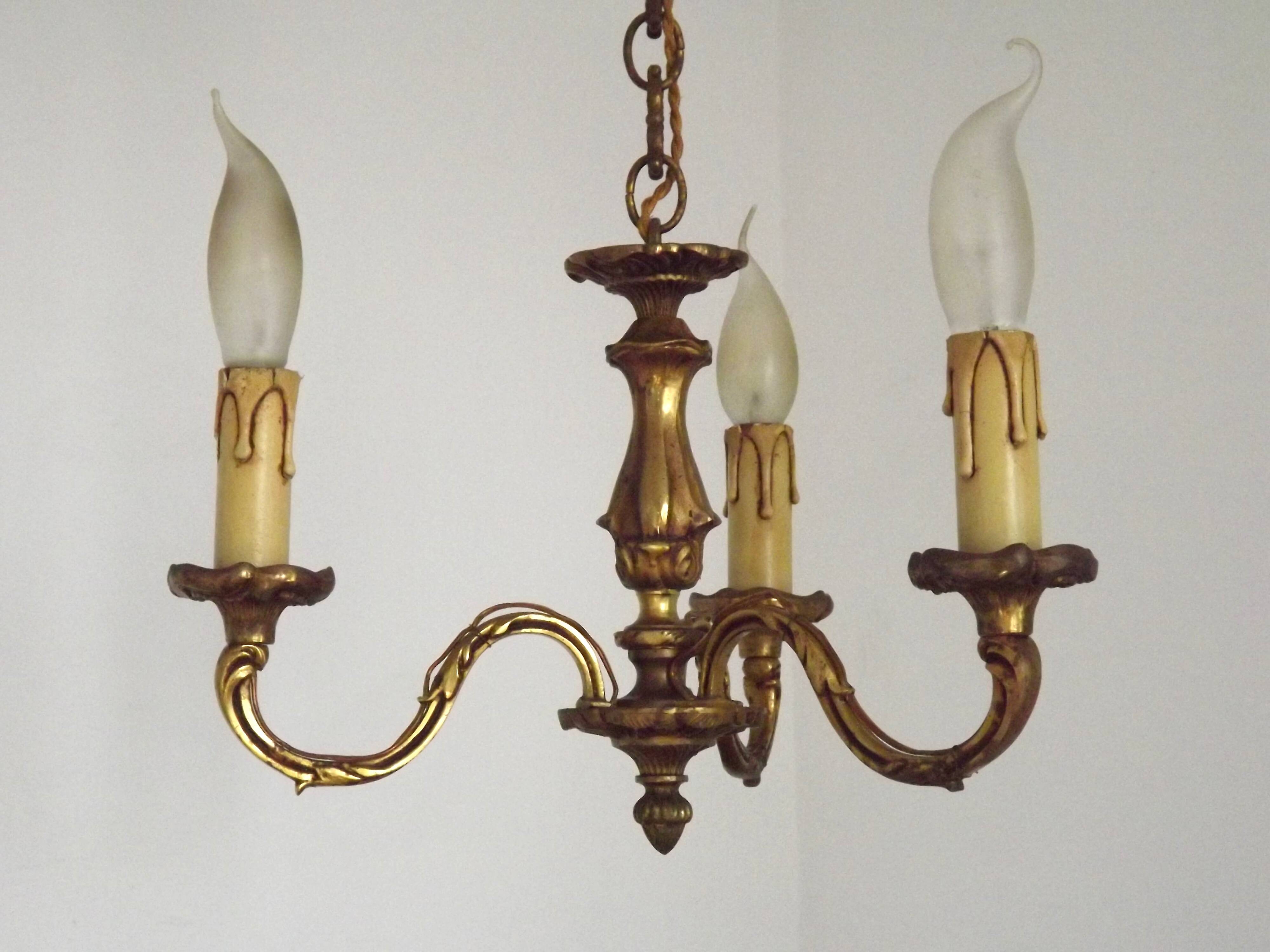French Antique Art Nouveau Style 3-Light Quality Bronze Chandelier
