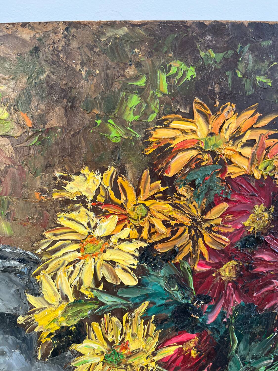 Bouquet avec plateau et bougeoir, technique couteau sur panneau bois