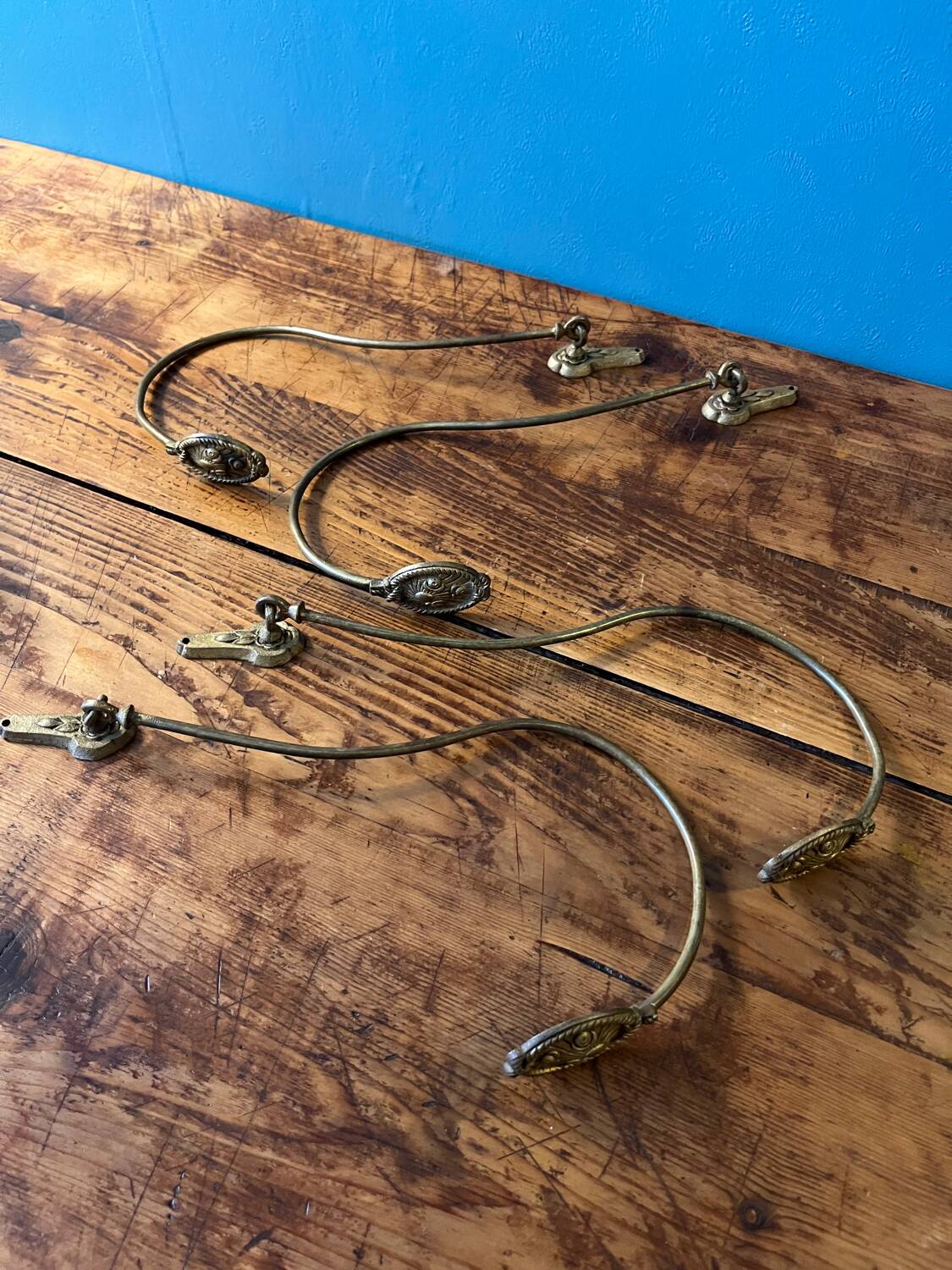 4 curtain tiebacks in art deco bronze brass