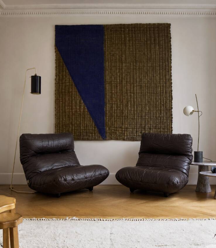2 Marsala armchairs in plexiglass & brown patchwork leather, Ligne Roset 1970