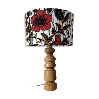 Vintage turned solid wood table lamp, ethnic wax lampshade.