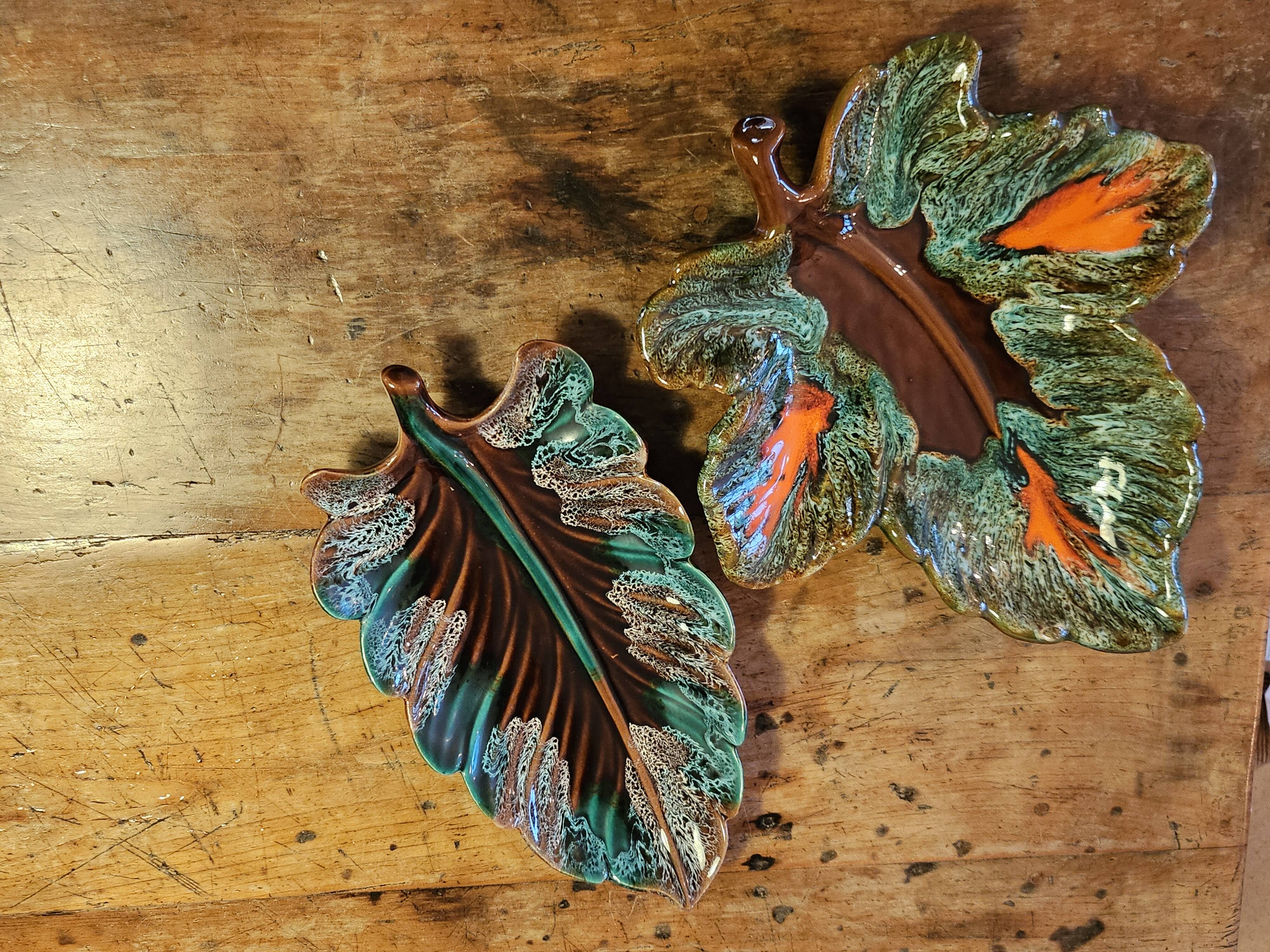 Set of 2 leaf-shaped ceramic dishes from Vallauris.