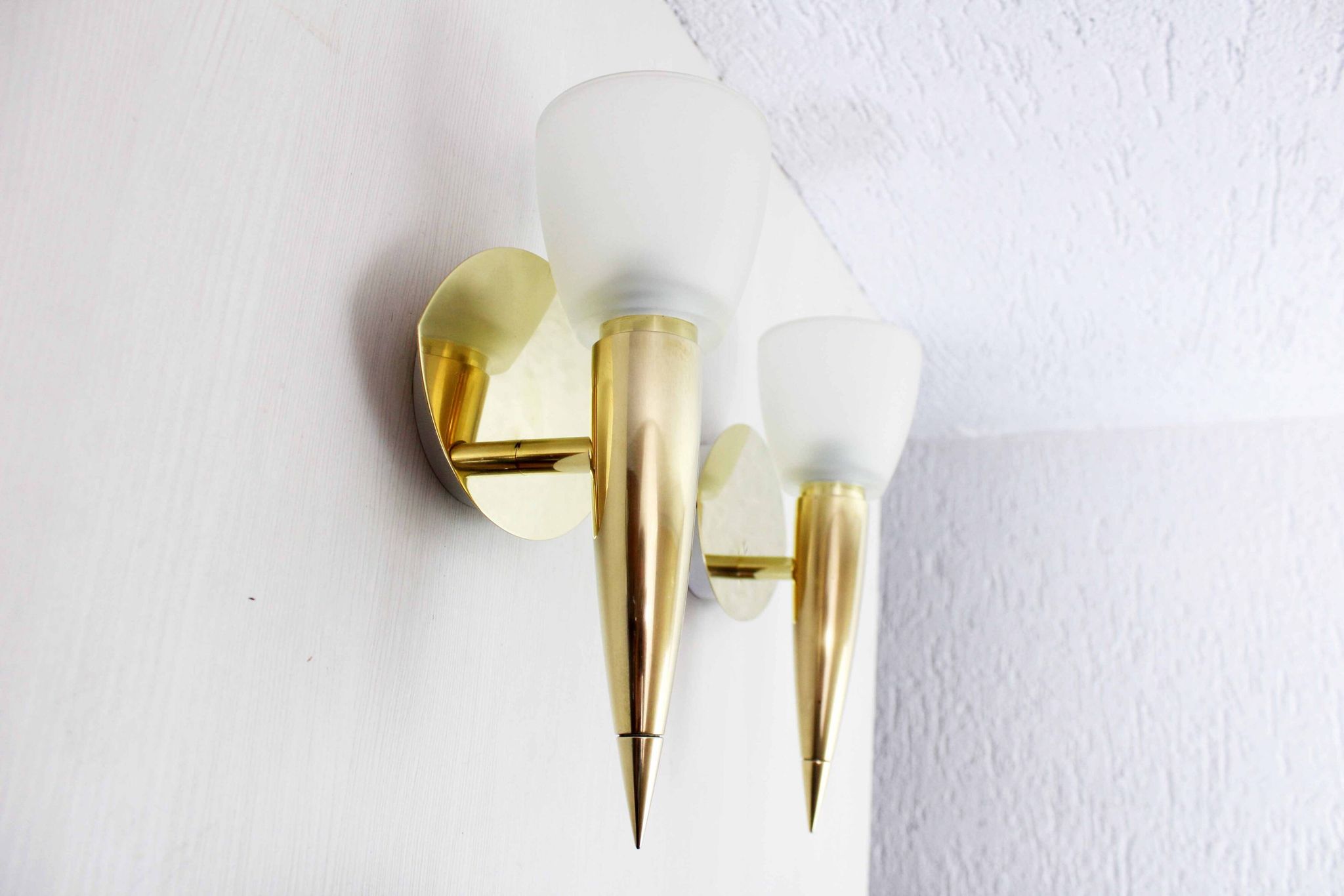 Pair of leola brass and glass wall lights, italy 1970