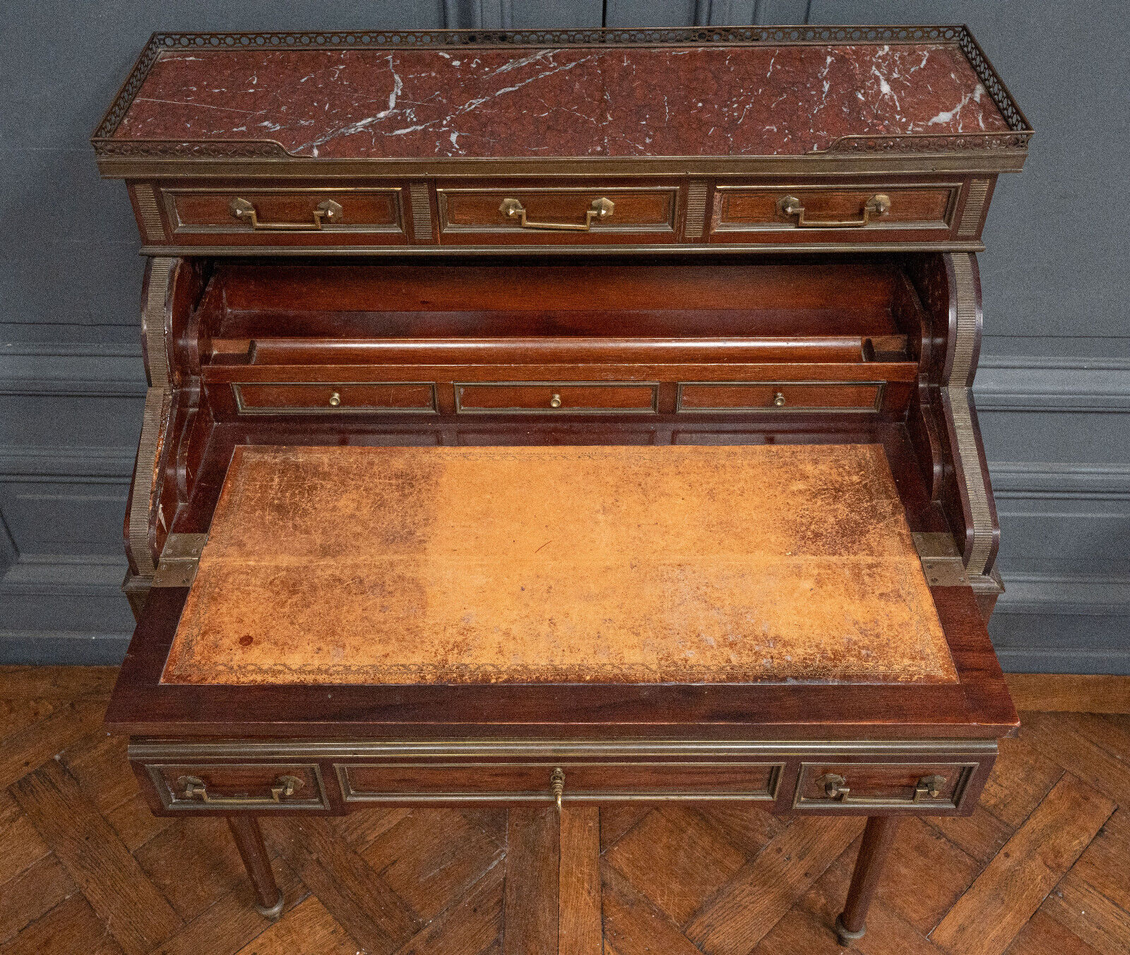Mahogany cylinder desk nineteenth style Louis XVI red marble