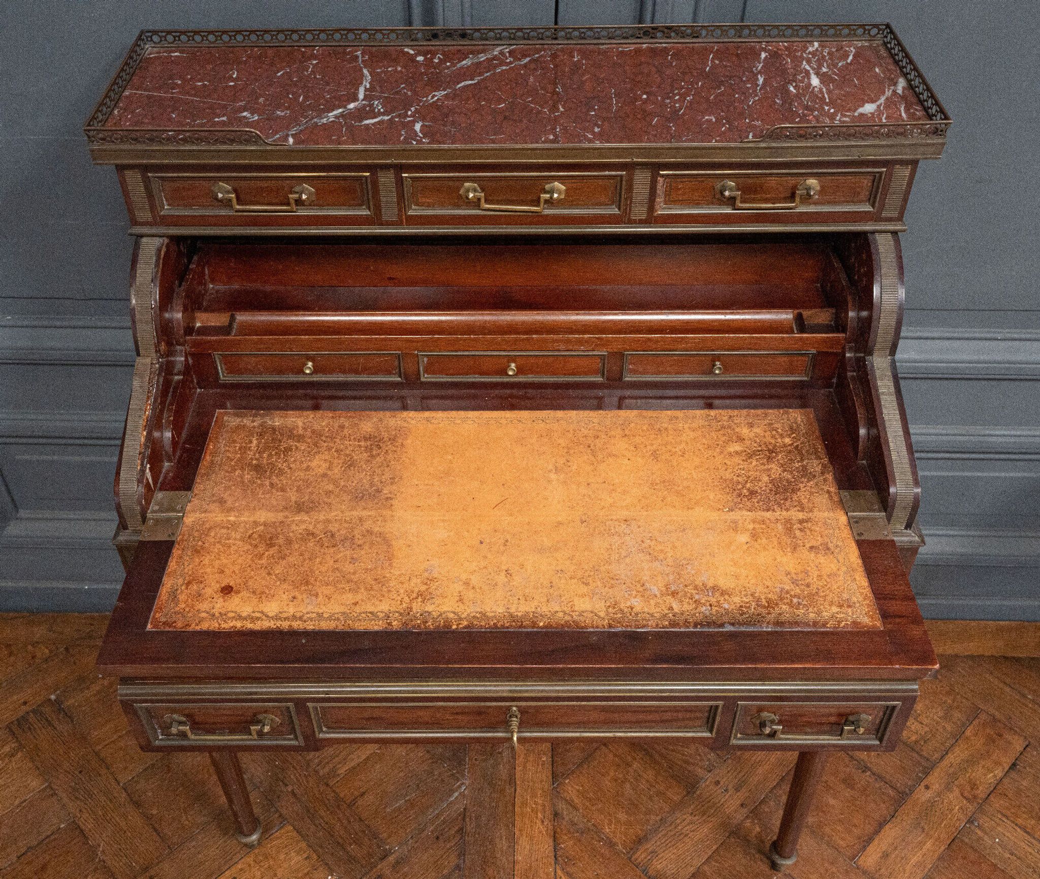 Mahogany cylinder desk nineteenth style Louis XVI red marble