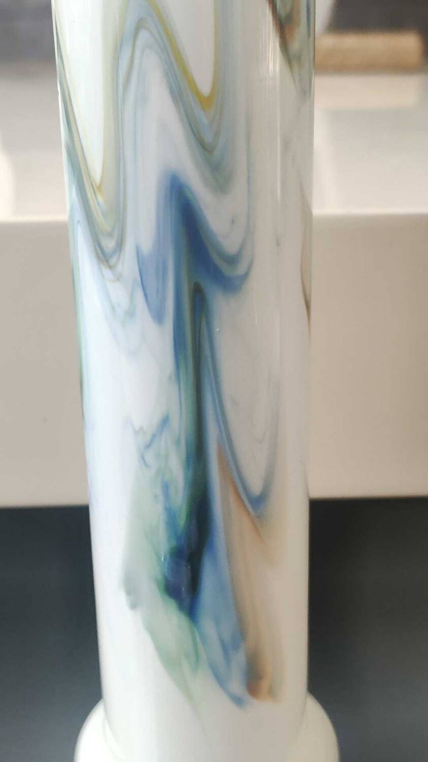 Tubular vase in white opaline, polychrome smoke volutes. Snowflake/Dalian Co. Ltd. High 29 cm