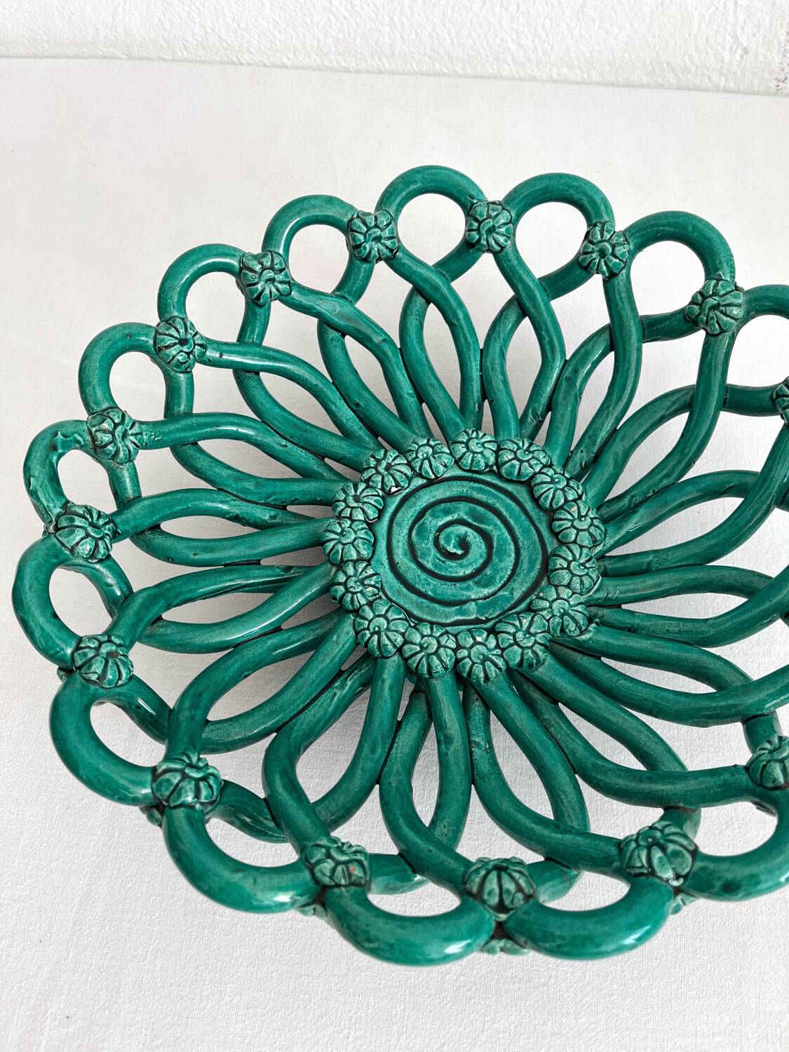 Vintage Vallauris green woven ceramic fruit bowl