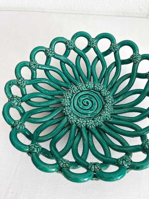 Corbeille coupe à fruits en céramique tressée verte Vallauris vintage