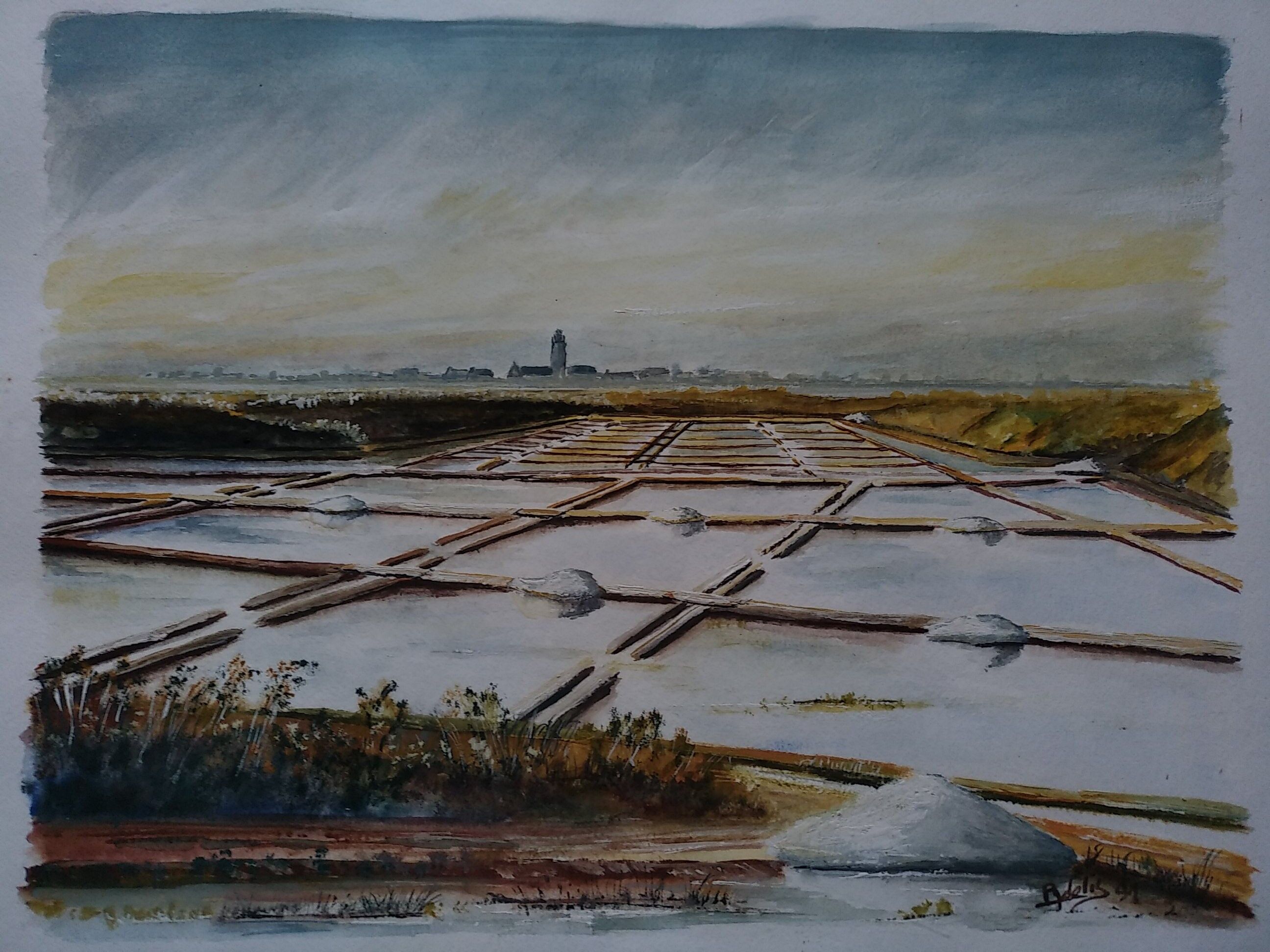 Watercolor " Salt marsh at dawn " . A. Dellis .