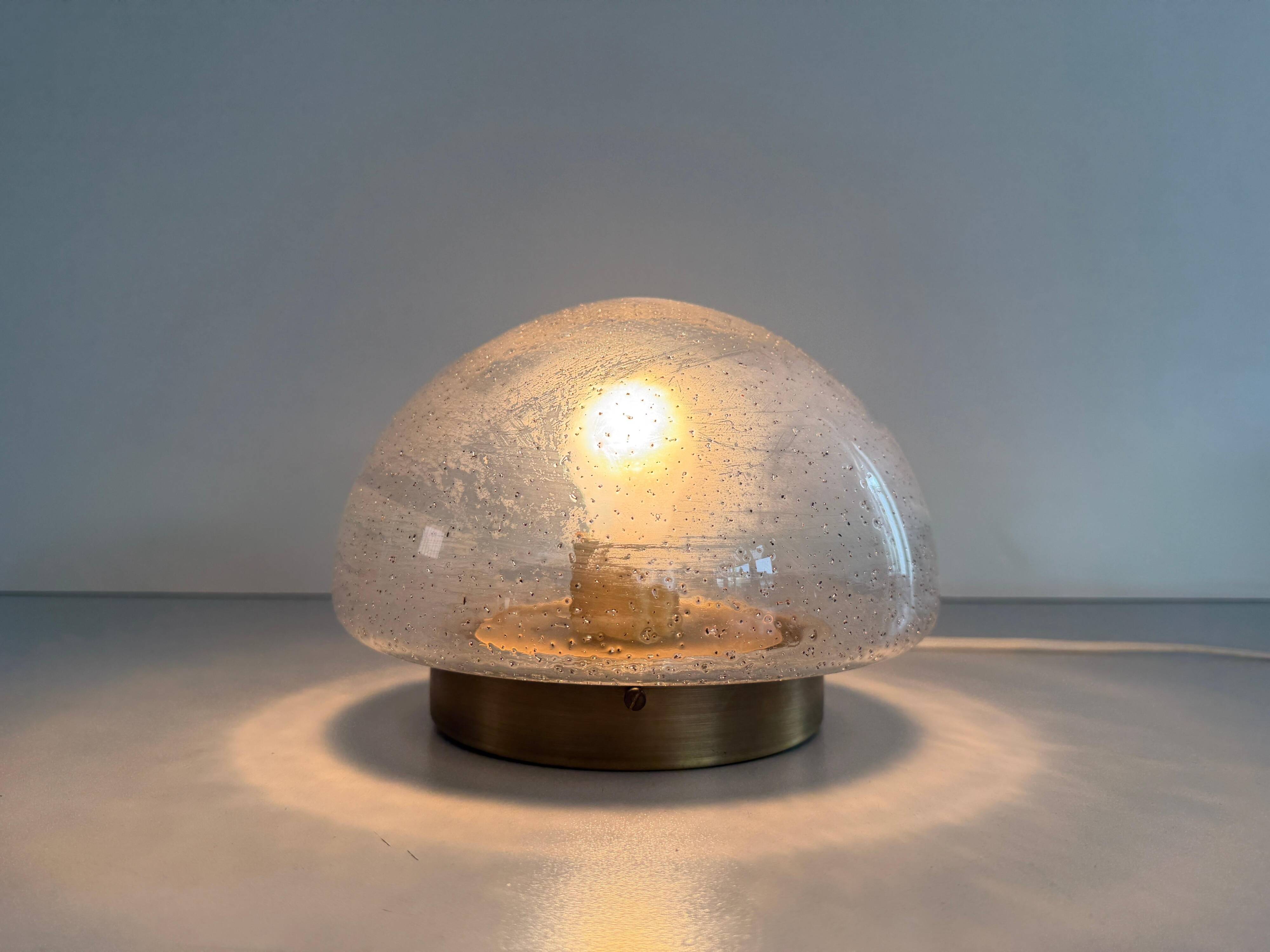 Flush glass shade with bubble texture and brass base by Hillebrand, 1960s, Germany.