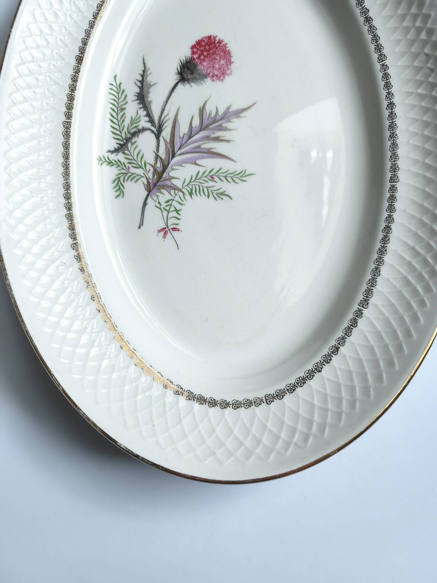 Vintage oval plate signed Moulin des Loups model Imperia pink flower