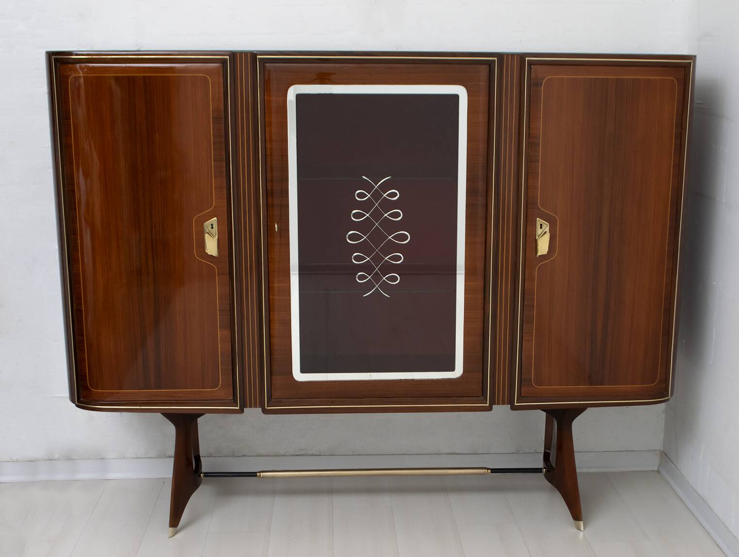 Attributed Gio Ponti Mid-Century Italian Mahogany and Brass Bar Cabinet, 50