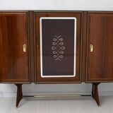 Attributed Gio Ponti Mid-Century Italian Mahogany and Brass Bar Cabinet, 50