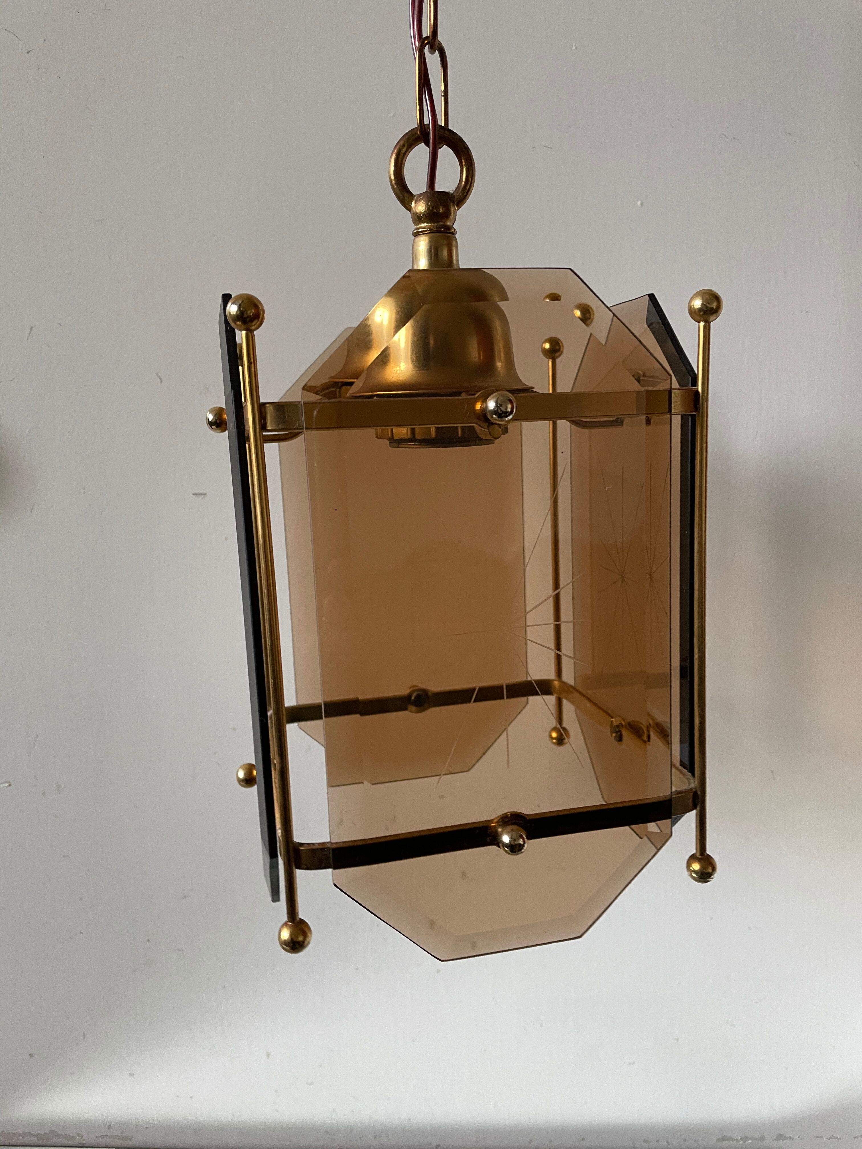 Scandinavian vintage lamp in brass & amber colored glass