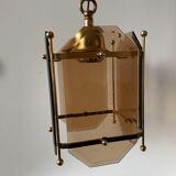 Scandinavian vintage lamp in brass & amber colored glass