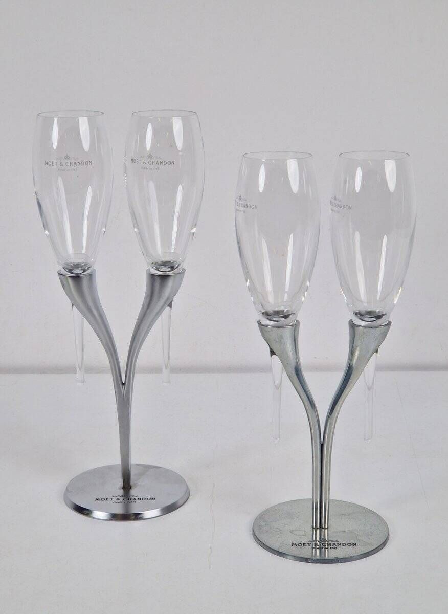 Crystal Champagne Flutes in Holder by Philippe Di Meo for Moët & Chandon, 1980s, Set of 2