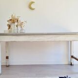 Antique work table in patinated white wood and zinc top - workbench