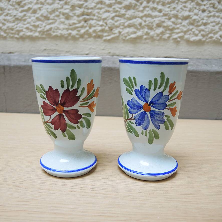 2 antique earthenware mazagrans with hand-painted floral decoration
