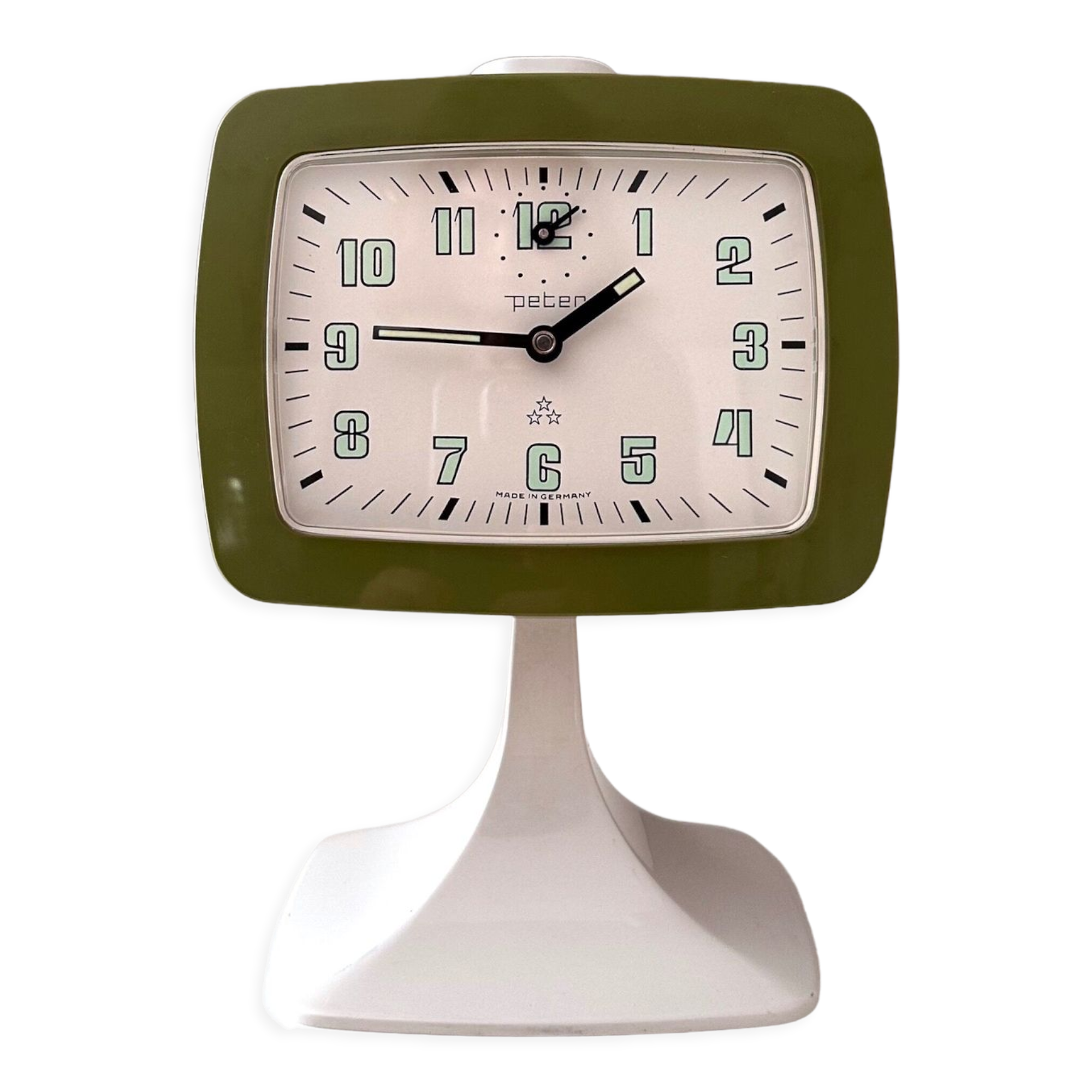 Green Space Age alarm clock with base by "Peter Germany",  NOS, 70's interior