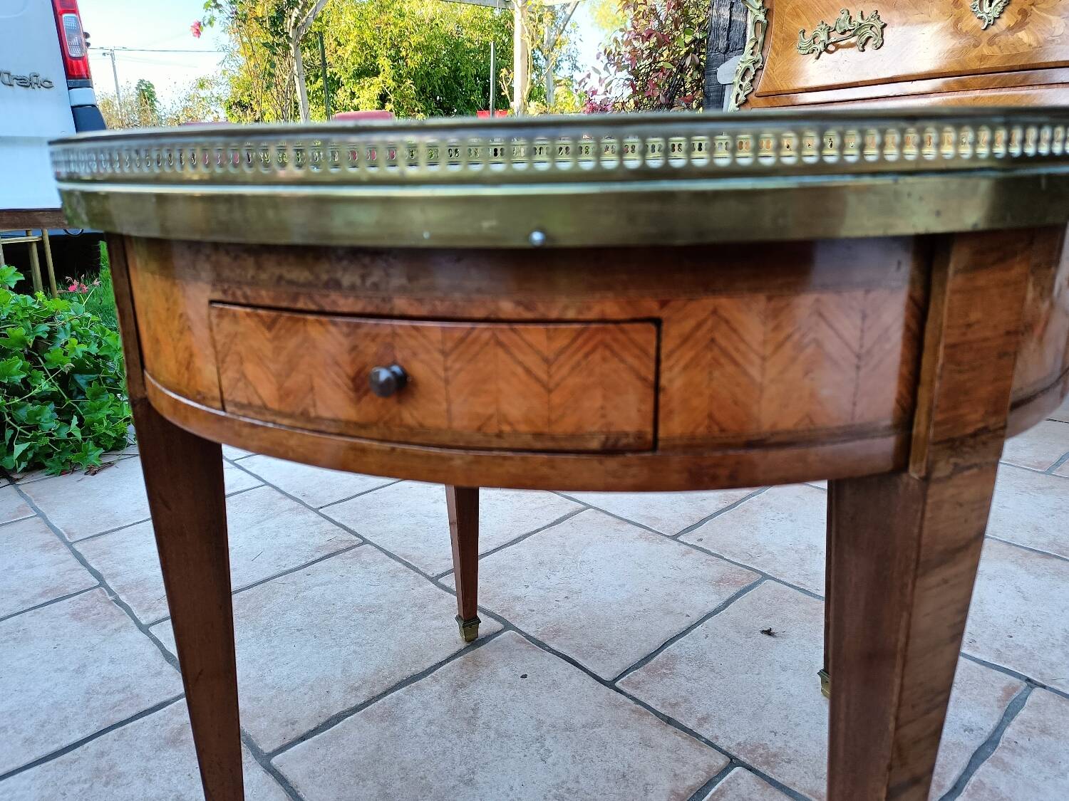 Antique Louis XVI style hot water bottle table with marble top