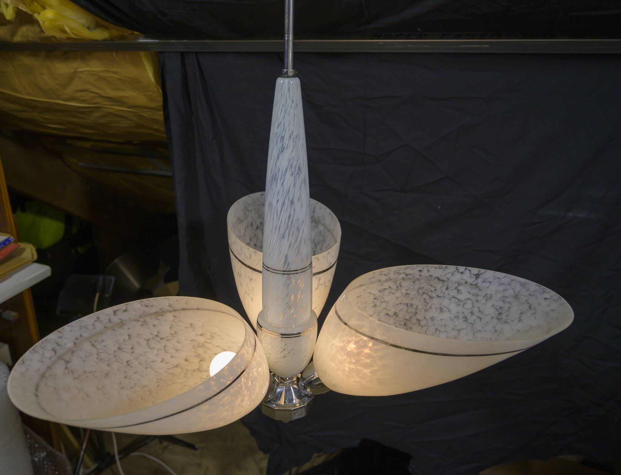 Art Deco chandelier/suspension with 3 domes in mixed glass and chrome metal