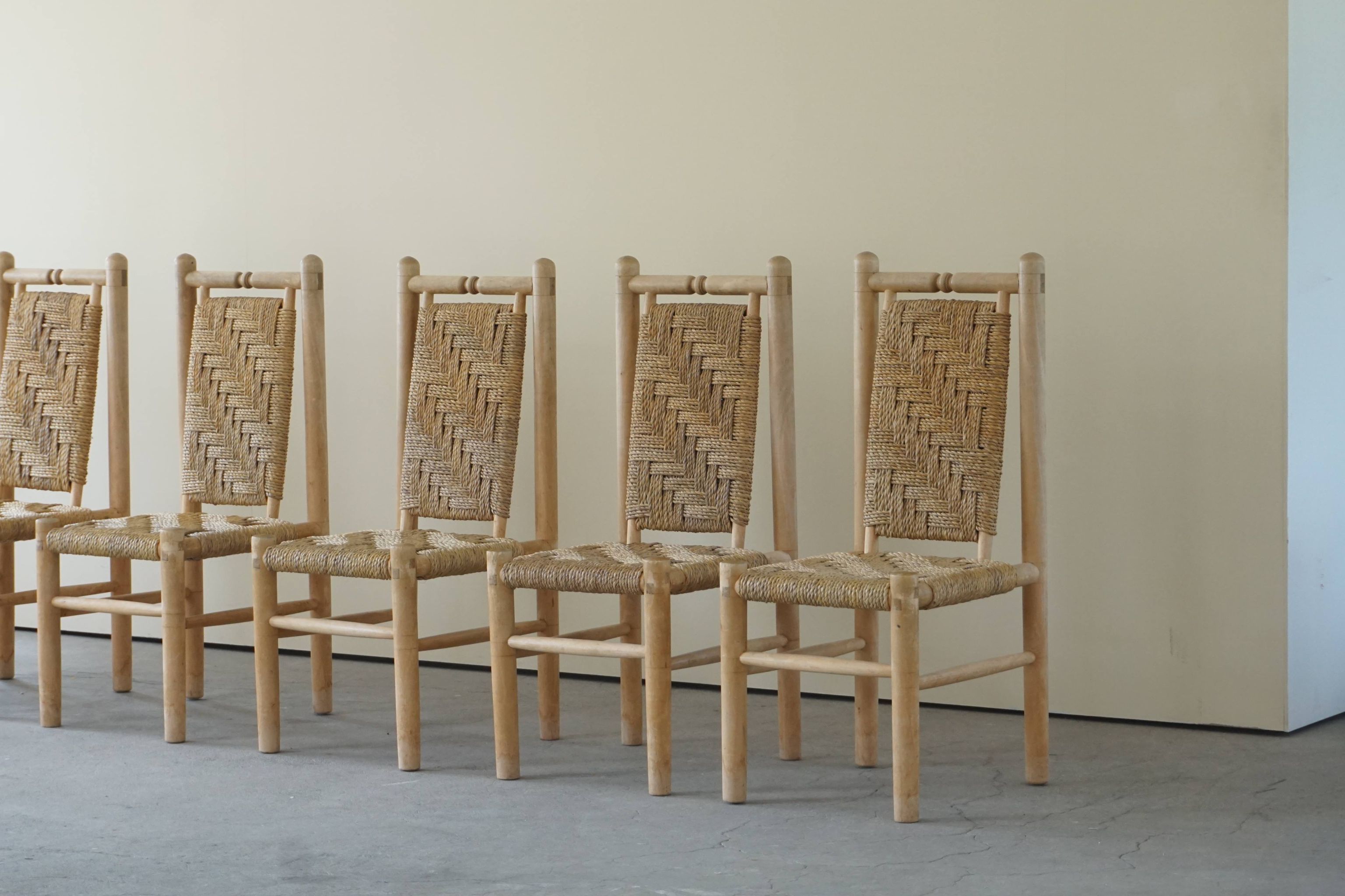Set of 6 French Mid Century Naturalist Woven Highback Chairs in Solid Elm, 1960s