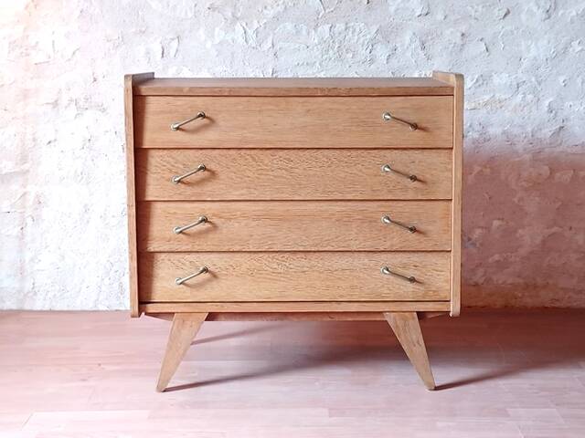 Renovated vintage chest of drawers with compass legs in light gilded wood, 1950-1960