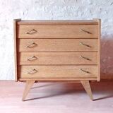 Renovated vintage chest of drawers with compass legs in light gilded wood, 1950-1960