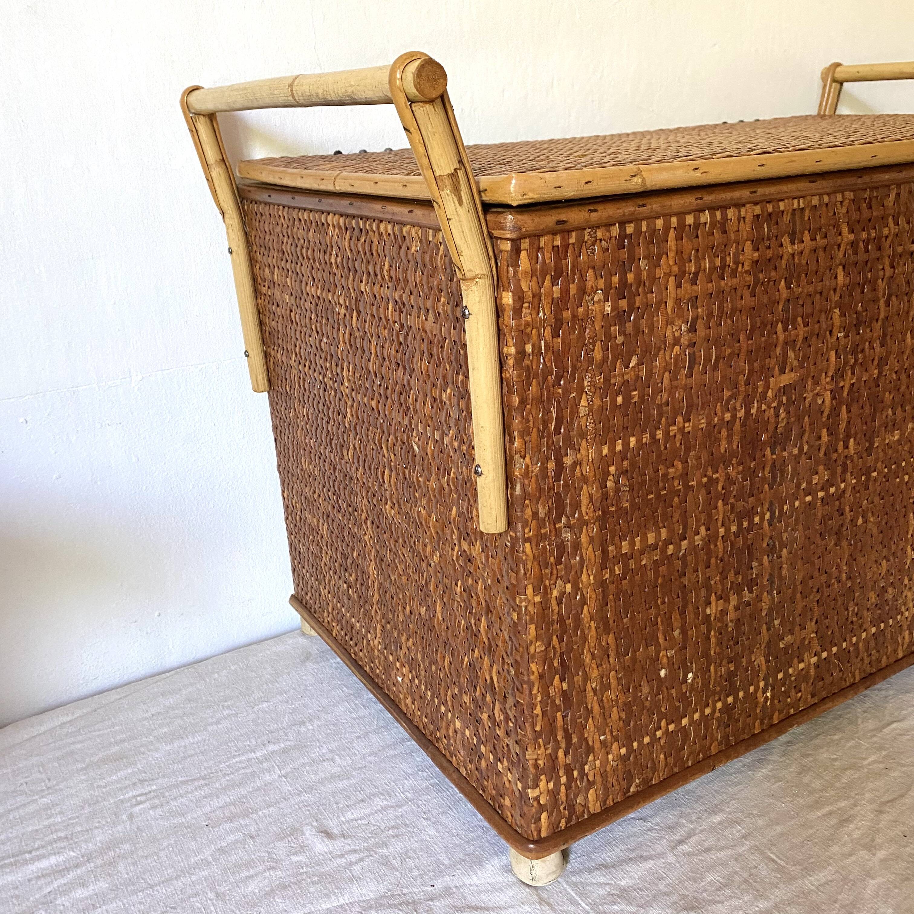 Vintage rattan cane bench chest