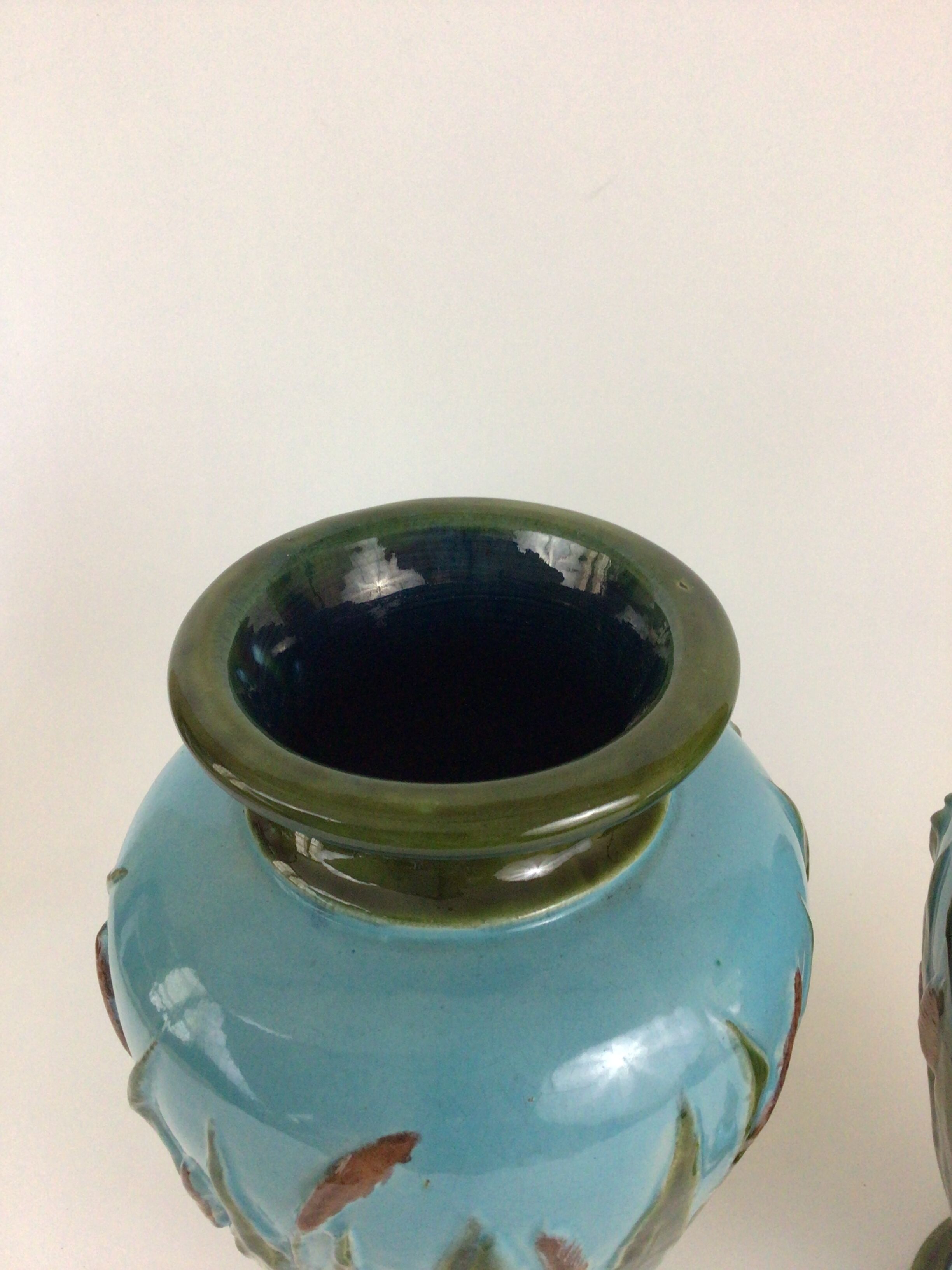 Pair of enamelled ceramic vases Barbotine Art Nouveau