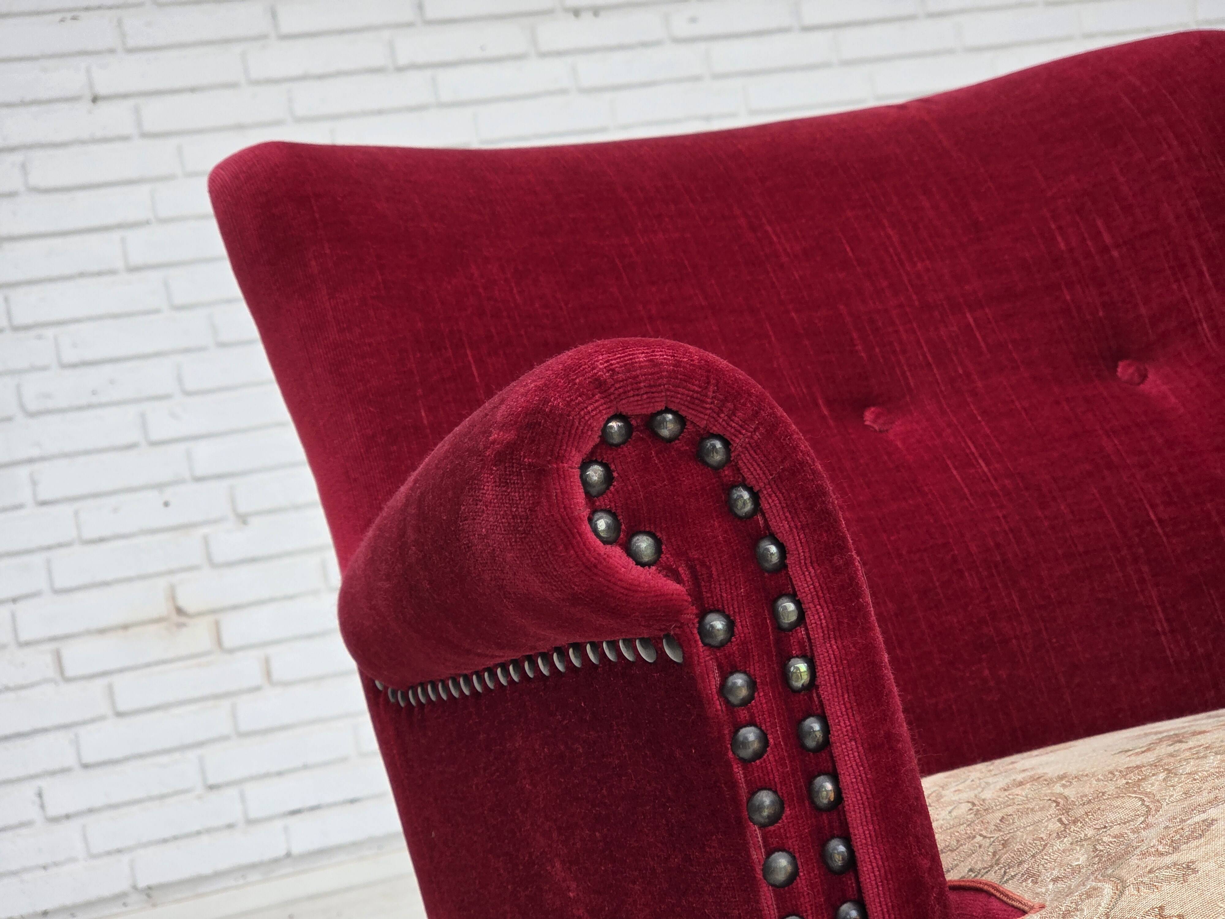 1970s, Danish armchair, red furniture velour, ash wood.