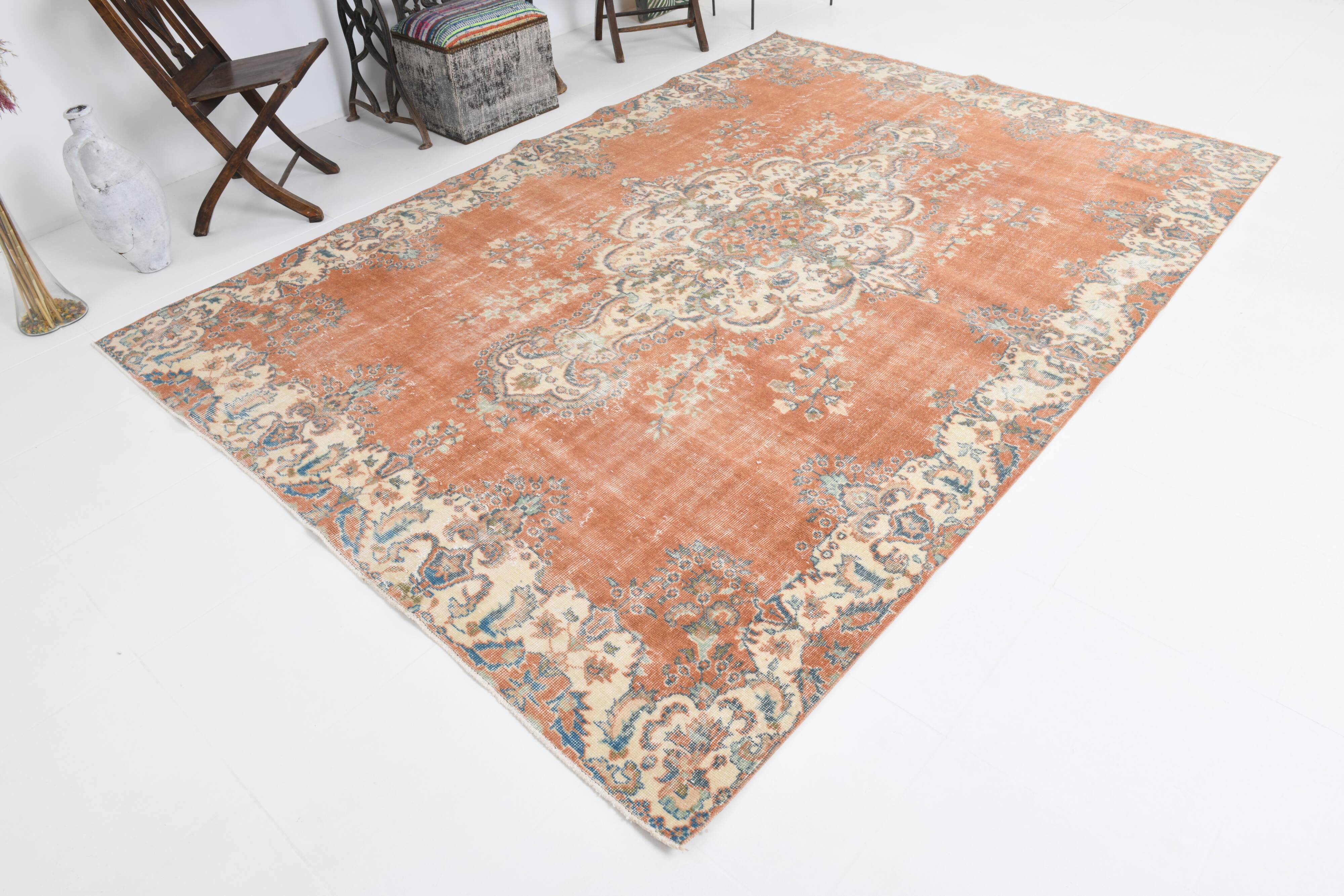 Tapis vintage en laine orange 310 x 217 cm, fait main, grand format