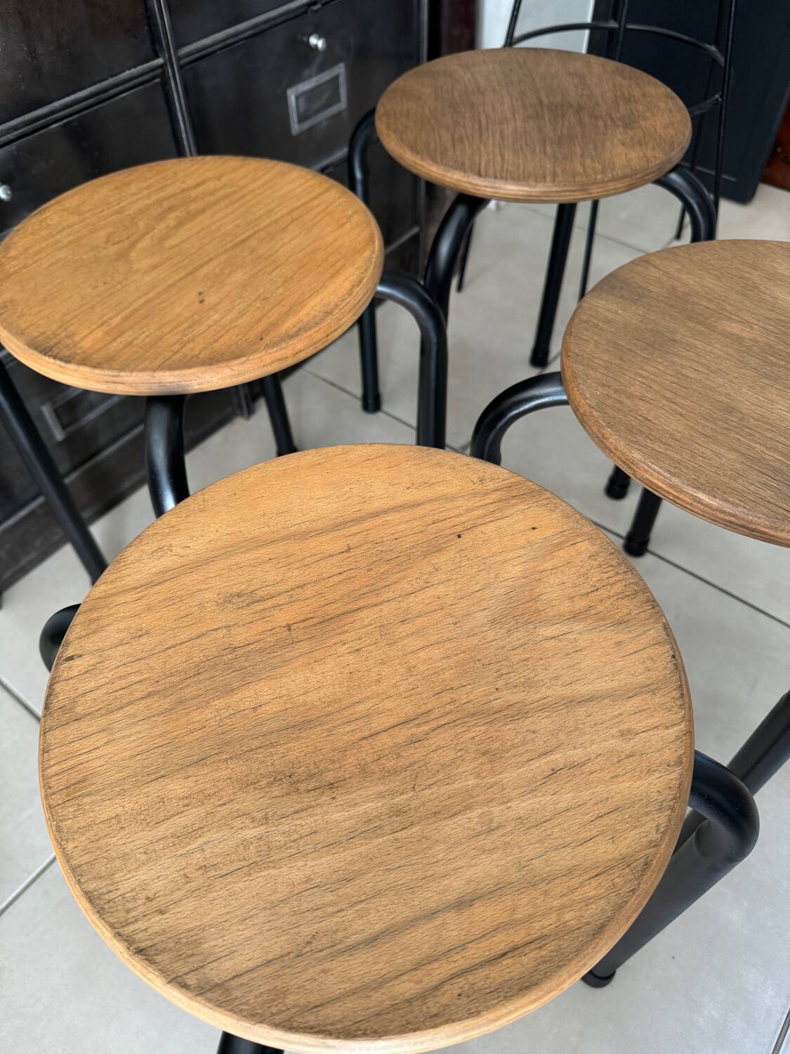 Series of 4 metal and wood school stools