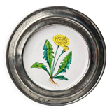 Decorative wall plate in earthenware and pewter with dandelion