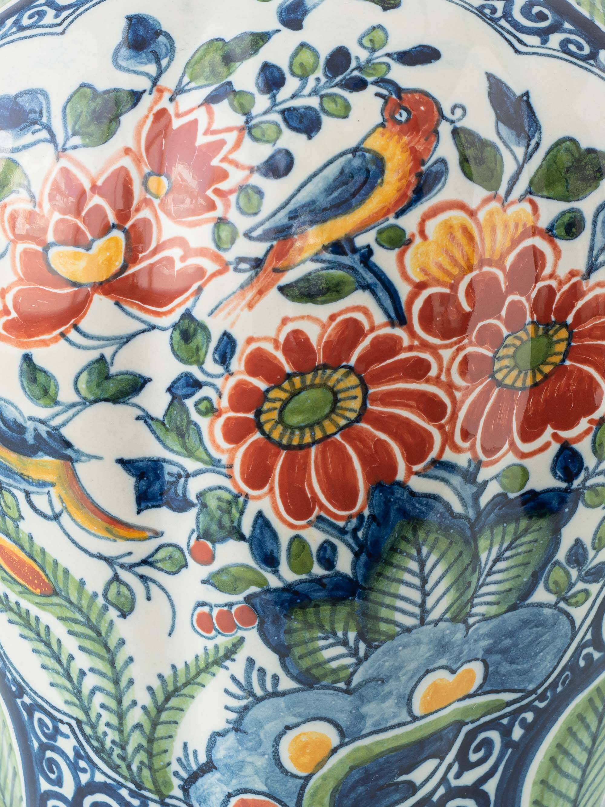 Delft Polychrome Chinoiserie Table Lamp, Tichelaar Makkum, New Silk Shade
