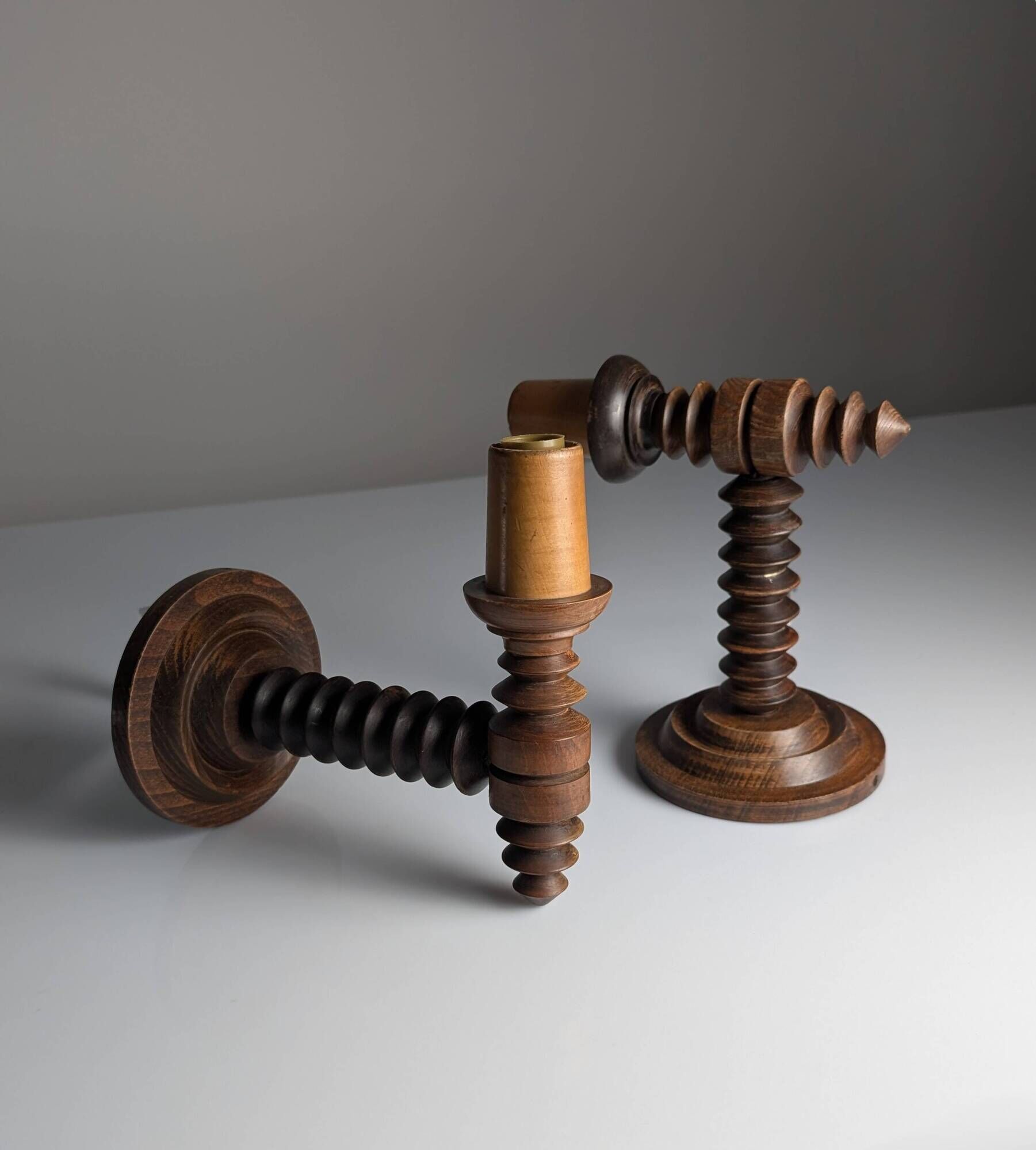 Pair of Charles Dudouyt French Turned Wood Wall Sconces, 1940s