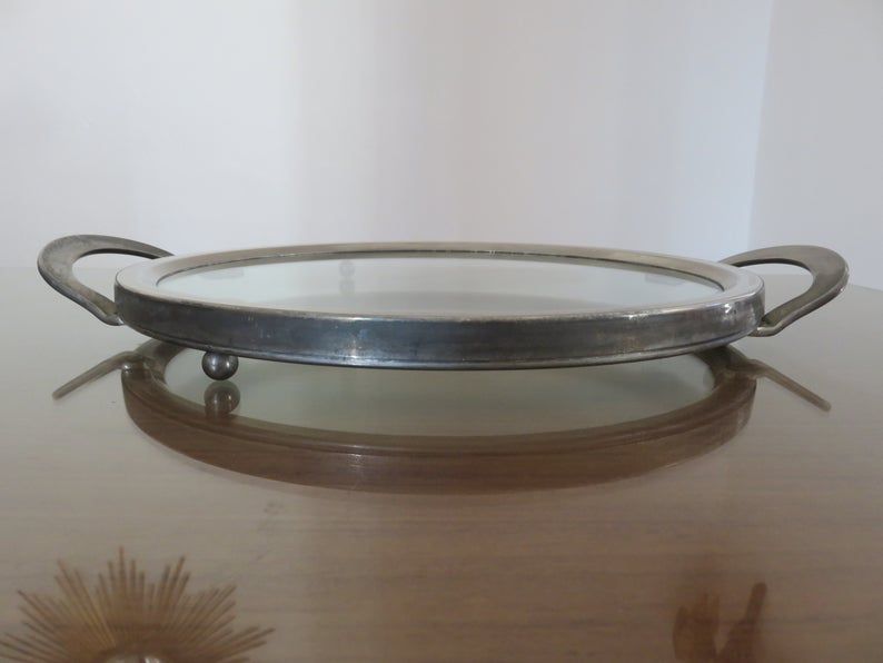 Modernist art deco tray in silver metal and smoked glass 1940s