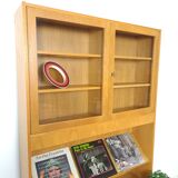 Tall LP display cabinet with glass doors and magazine shelf from Sweden
