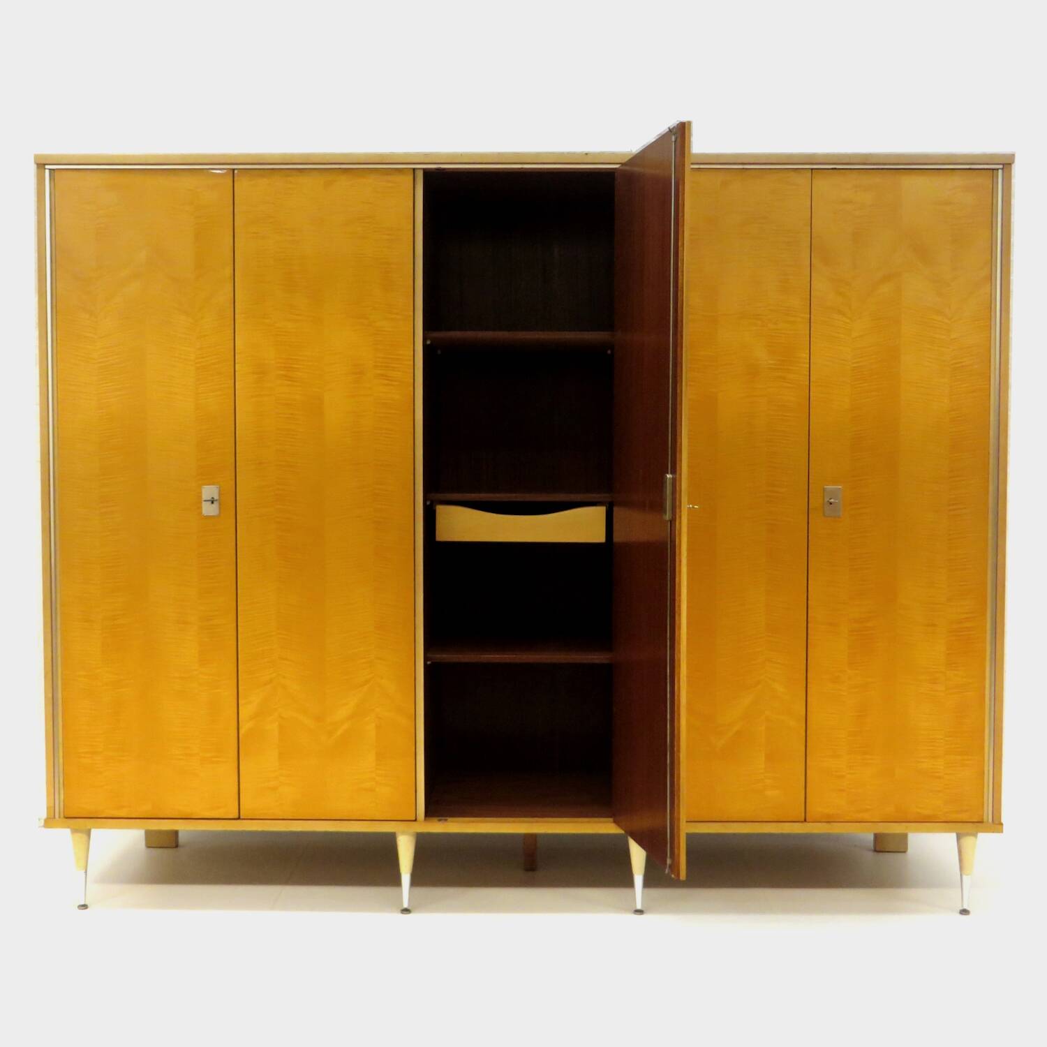 Large vintage mid century modern 5-door wardrobe in flamed maple, 1960s